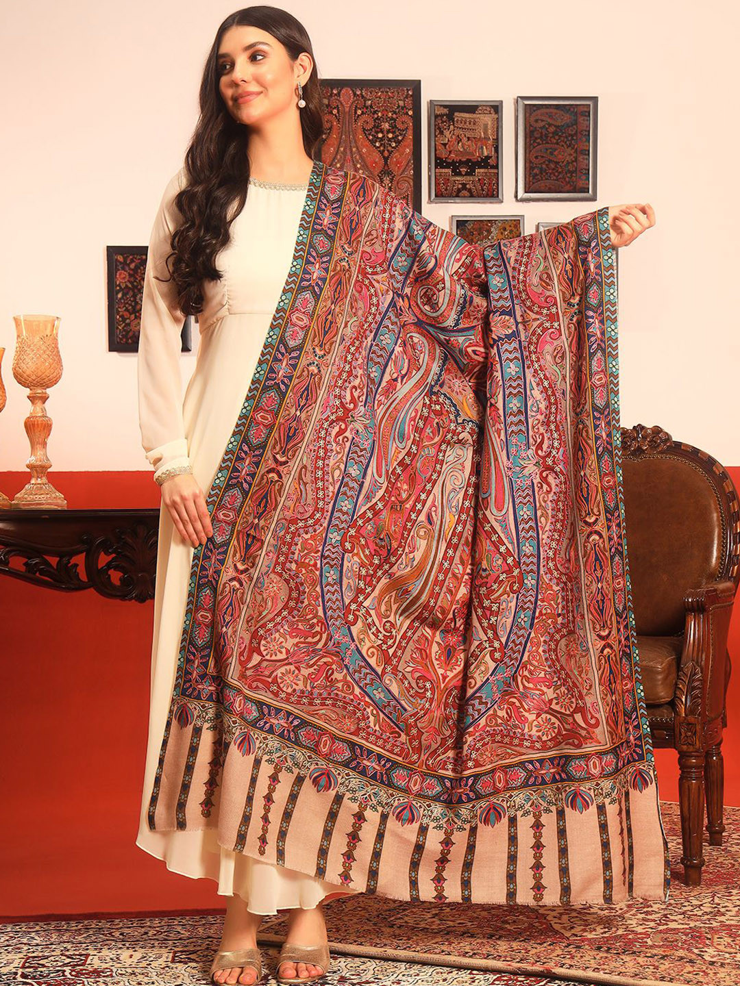 Pashmoda Paisley Embroidered Kalamkari Shawl