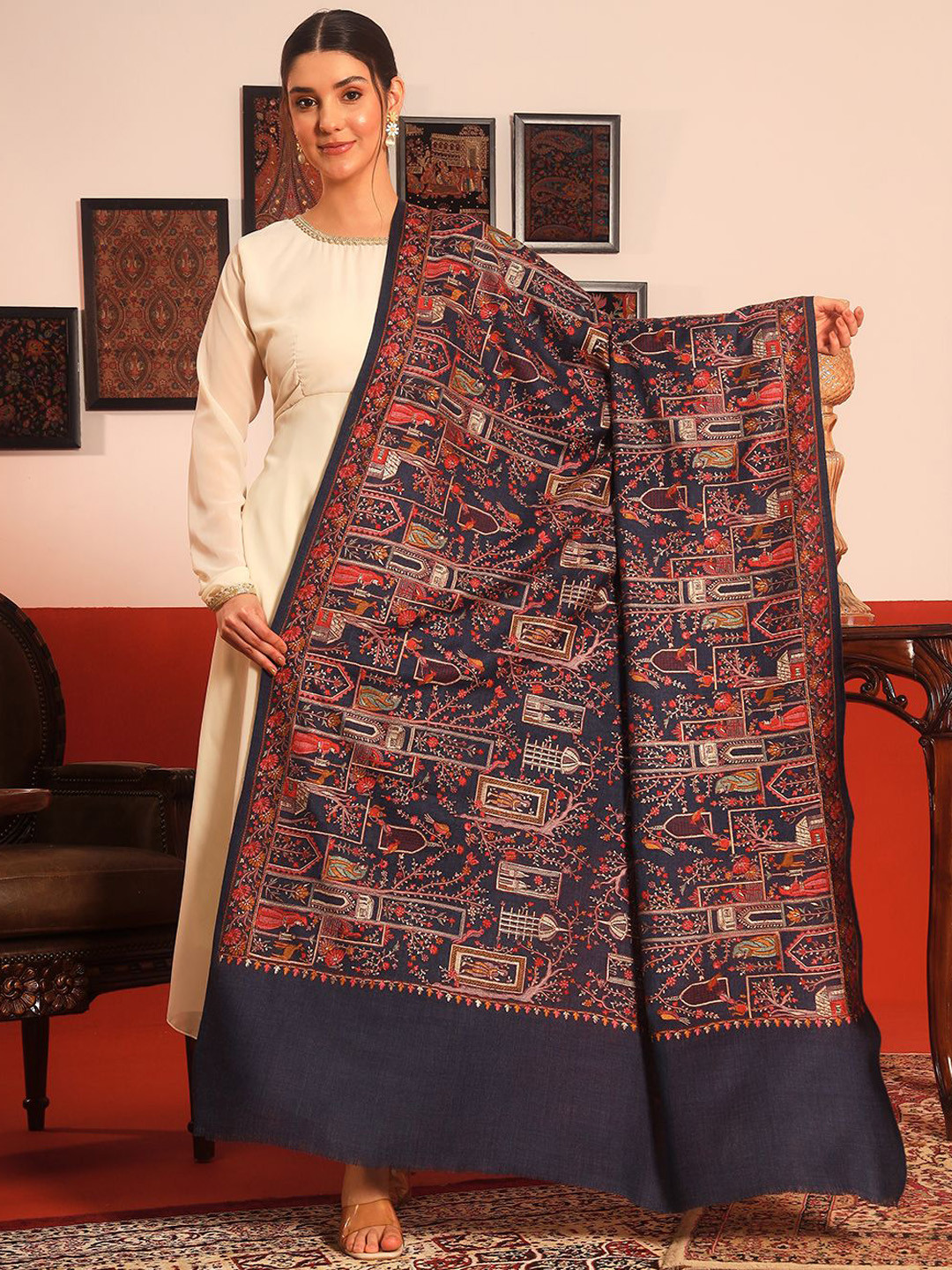 Pashmoda Arwina Pure Wool Ethnic Motifs Embroidered Shawl