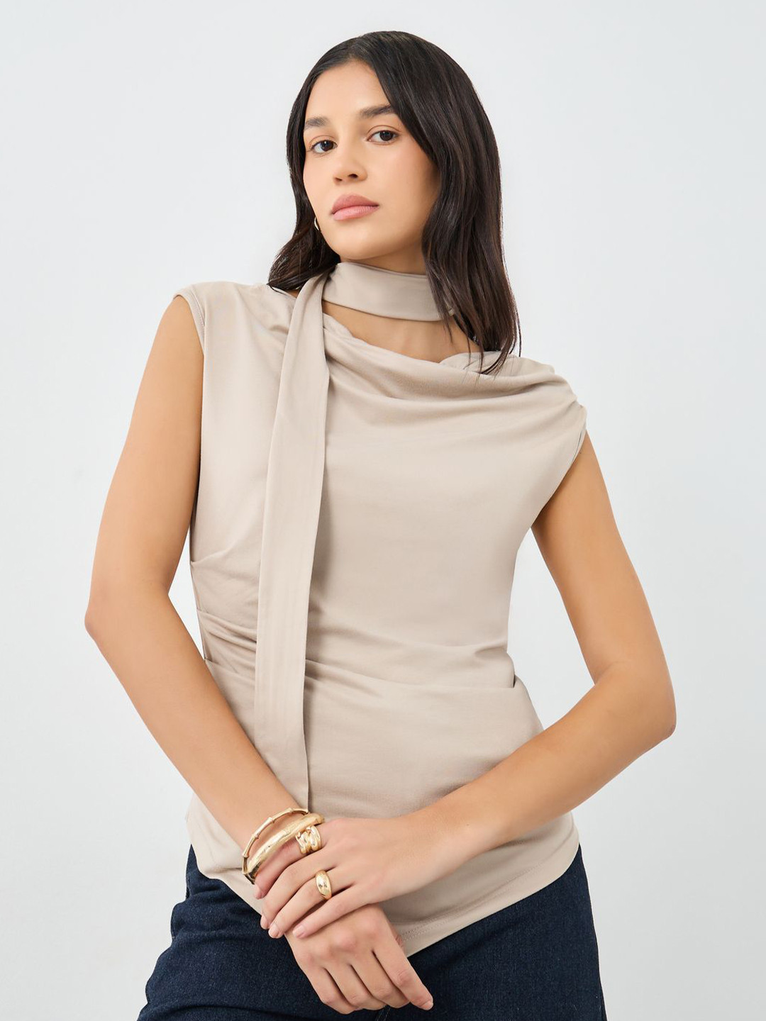 Styli Cowl Neck Front Draped Top