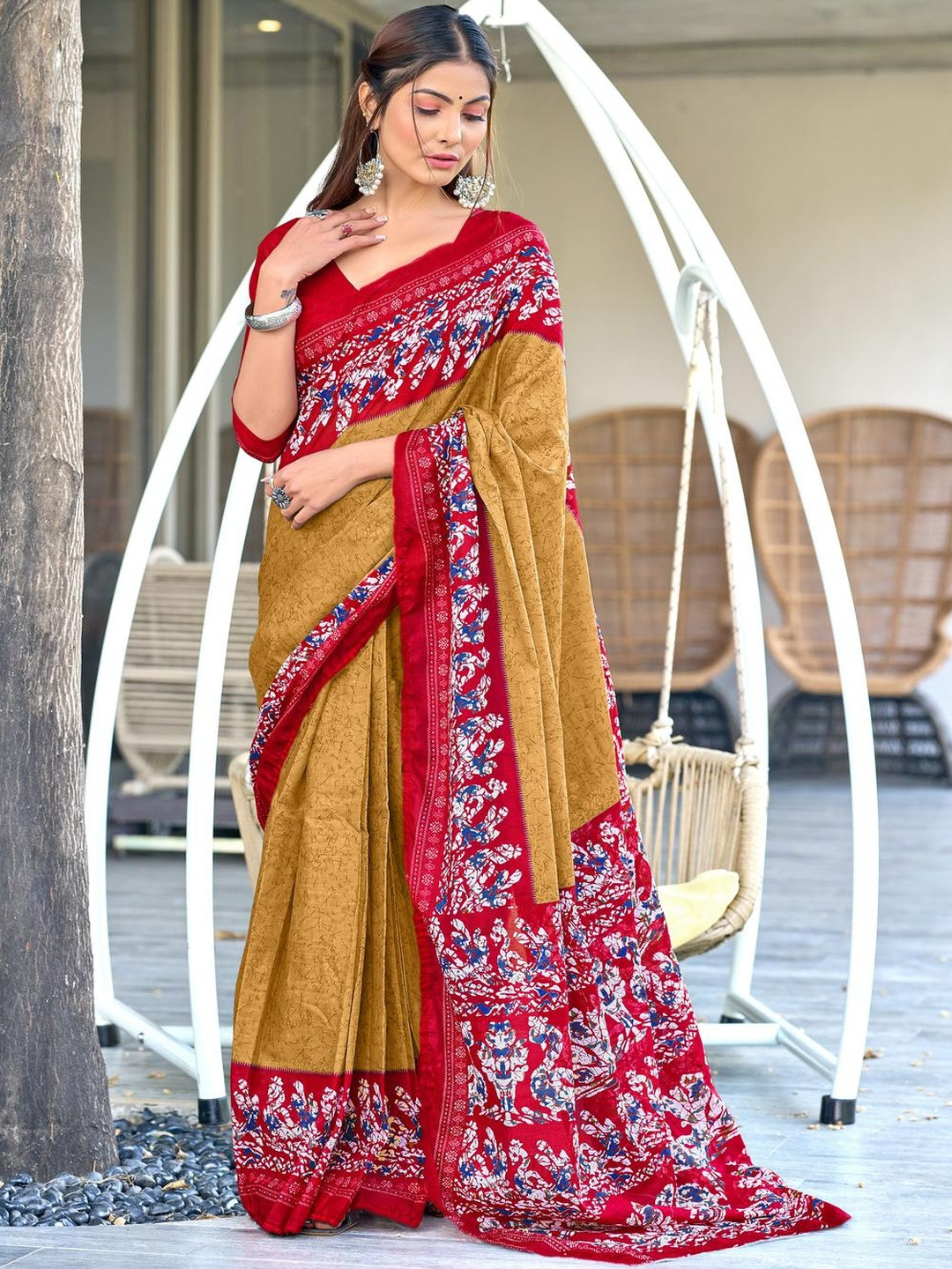 Suha Gold Pure Cotton Printed Block Print Sarees
