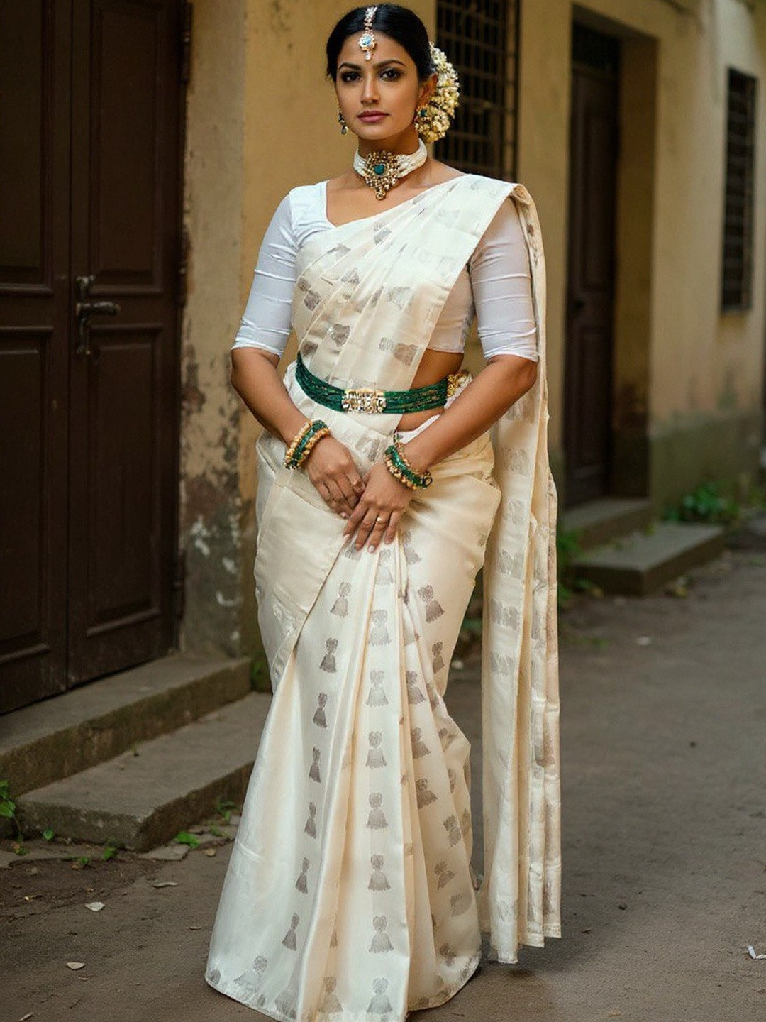 VILLE FASHION White Art Silk Woven Design Kanjeevaram Sarees