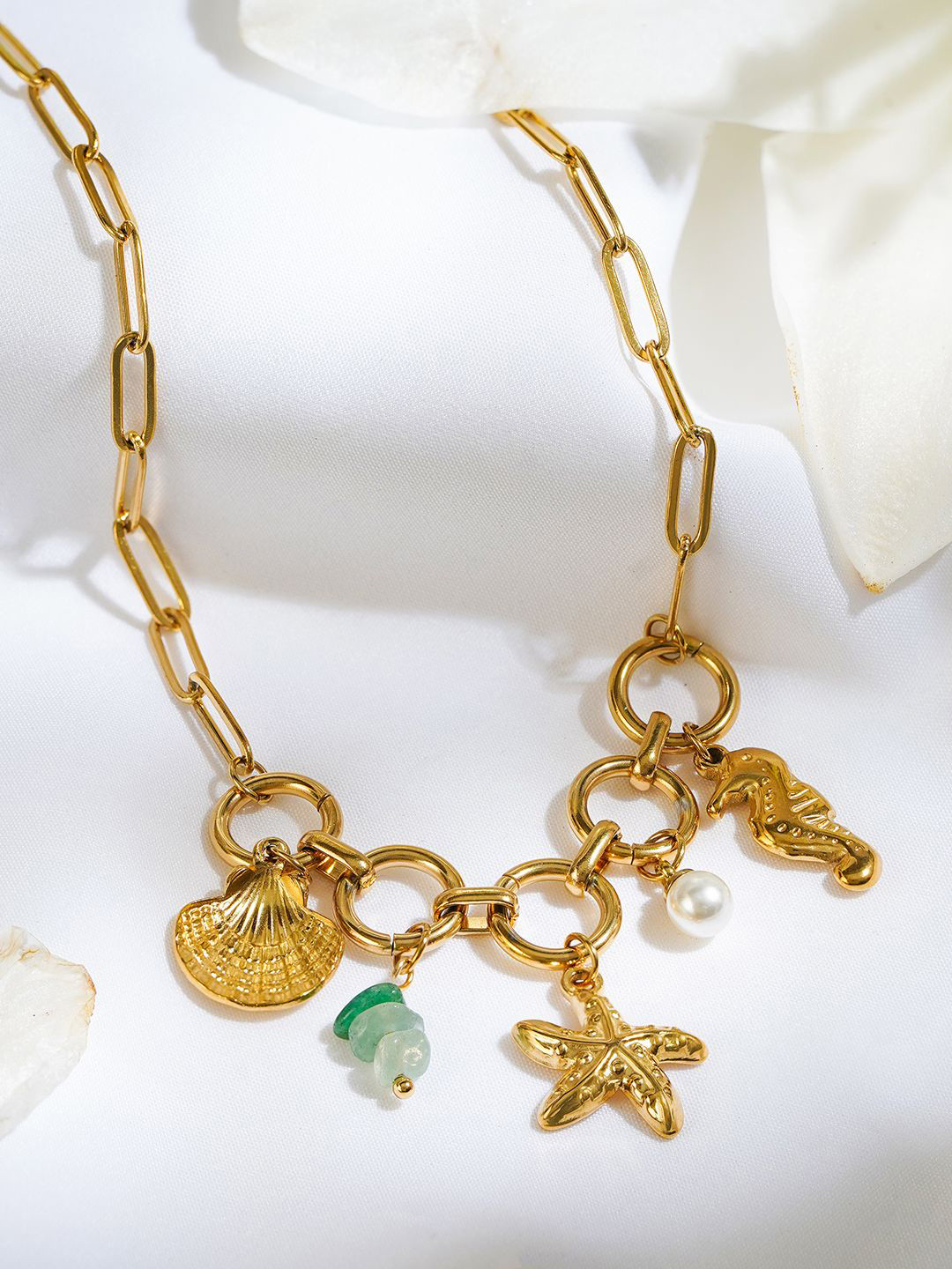 Rubans 18K Gold-Plated Sea Charm Design Brass Necklace with Green Beads & Pearl Detailing