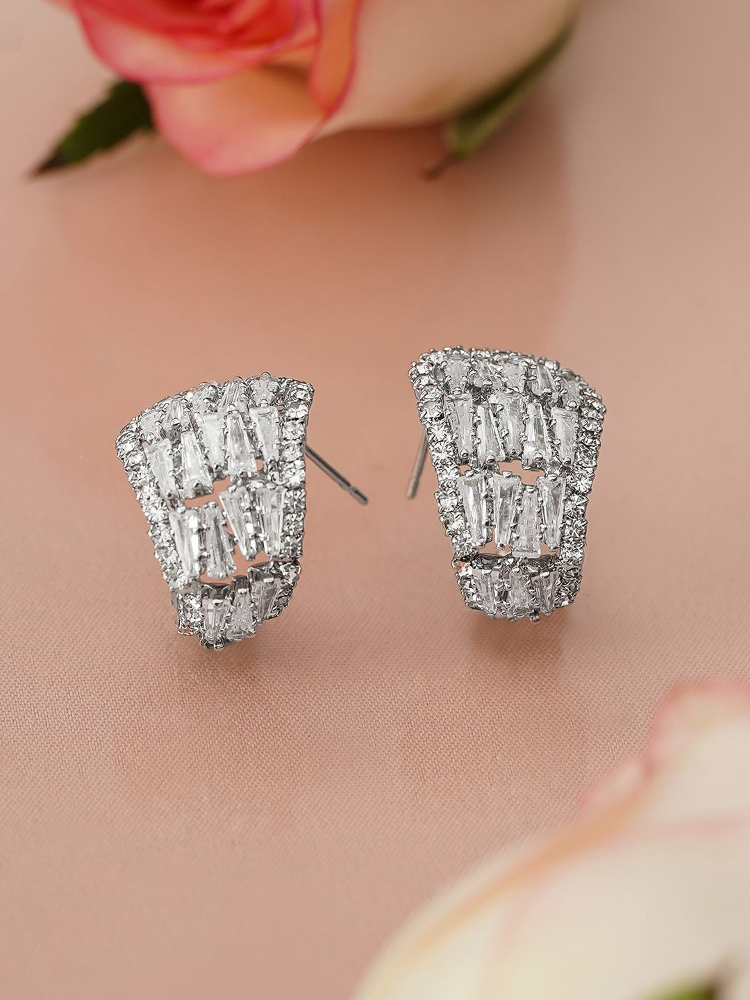 Rubans Rhodium-Plated Half Hoop Earrings with Baguette & Round Cubic Zirconia Studs