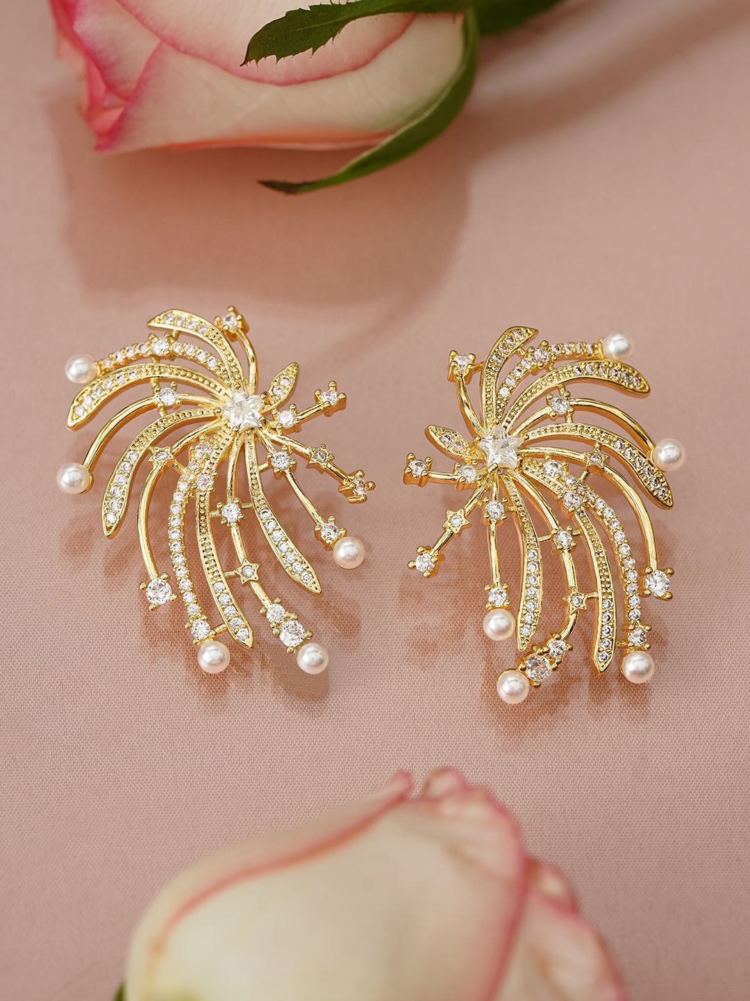 Rubans 18K Gold-Plated White Pearl & AD Studded Firework Design Stud Earrings