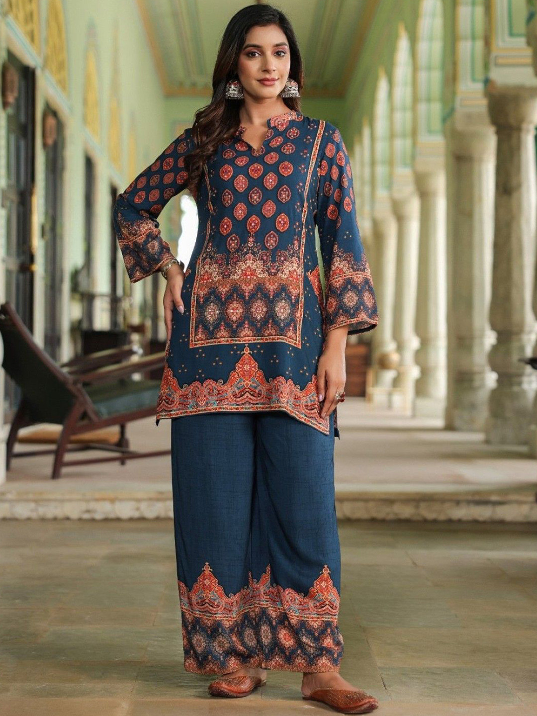 AUTUMN LANE Mahua Midnight Printed Mandarin Collar Tunic With Palazzo Co-Ords