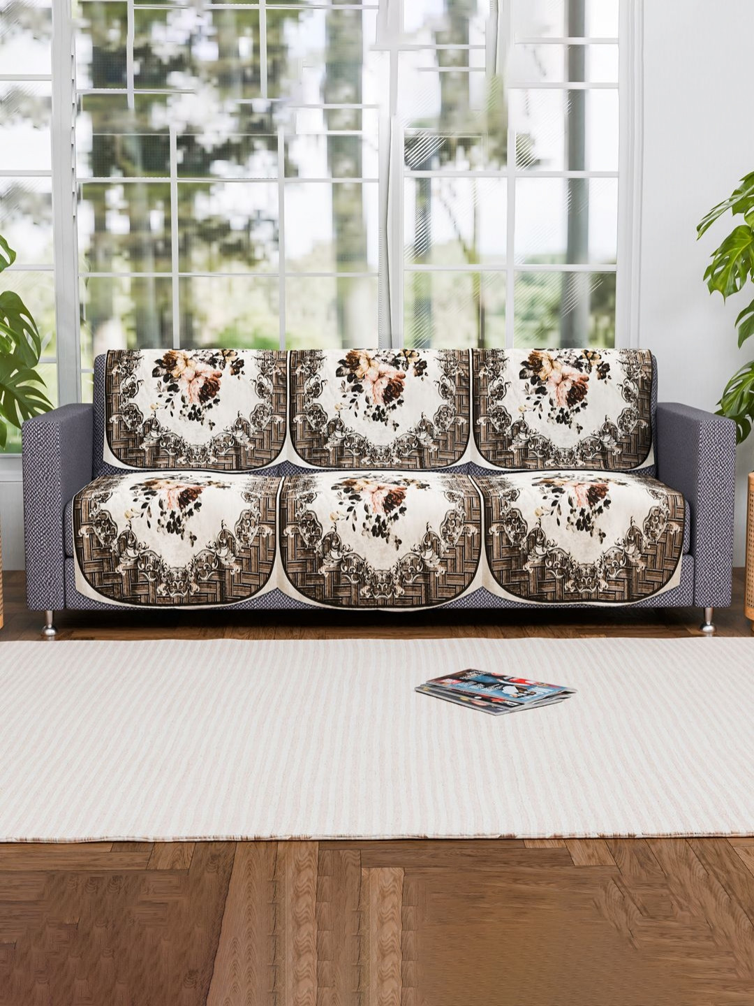 RUBOXA 6 Pieces Cream-Coloured & Brown Printed Velvet Sofa Cover