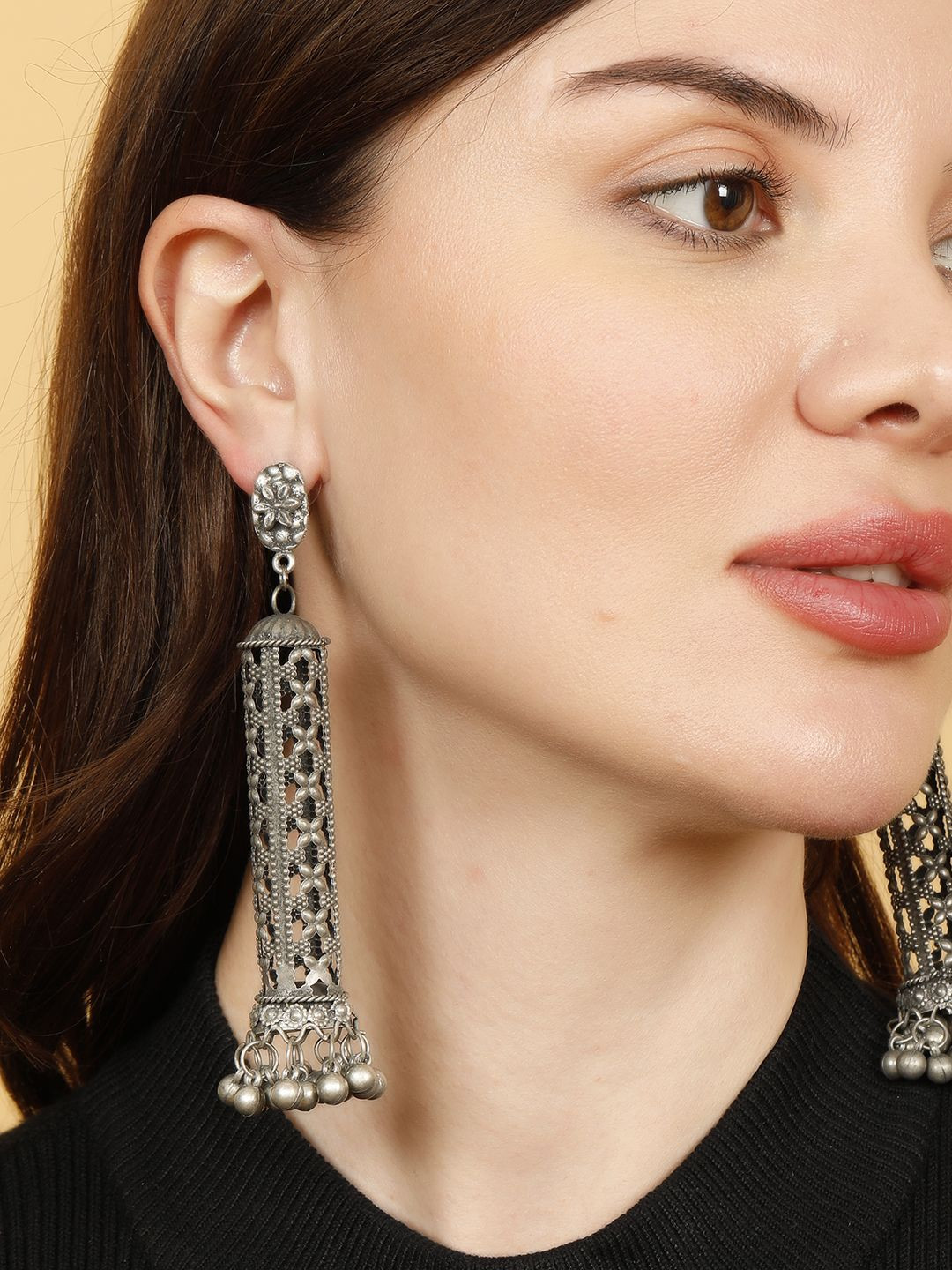 VIVAZS Silver Plated Ghungroo Beaded Cylindrical Shaped Oxidised Drop Earrings