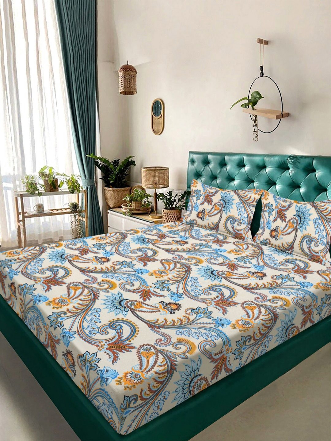 Aura Cream Colored & Blue Printed 300 TC King Bedsheet Set 2.5 m x 2.25 m