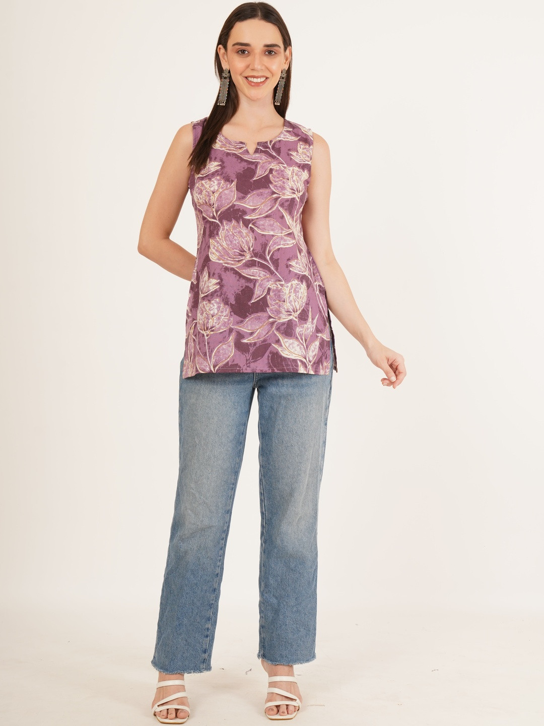 Diktmark Women Cotton Printed V-Neck Pure Cotton Khadi Kurti