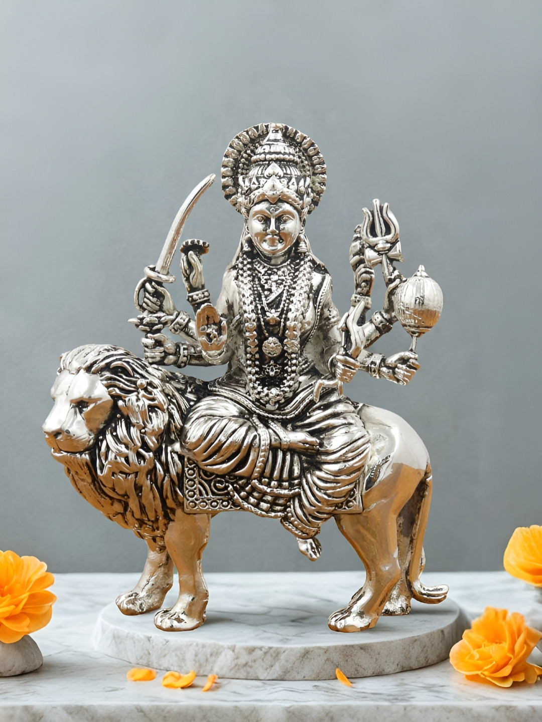 INTERNATIONAL GIFT Silver-Toned Goddess Durga Maa Religious Idol Showpiece