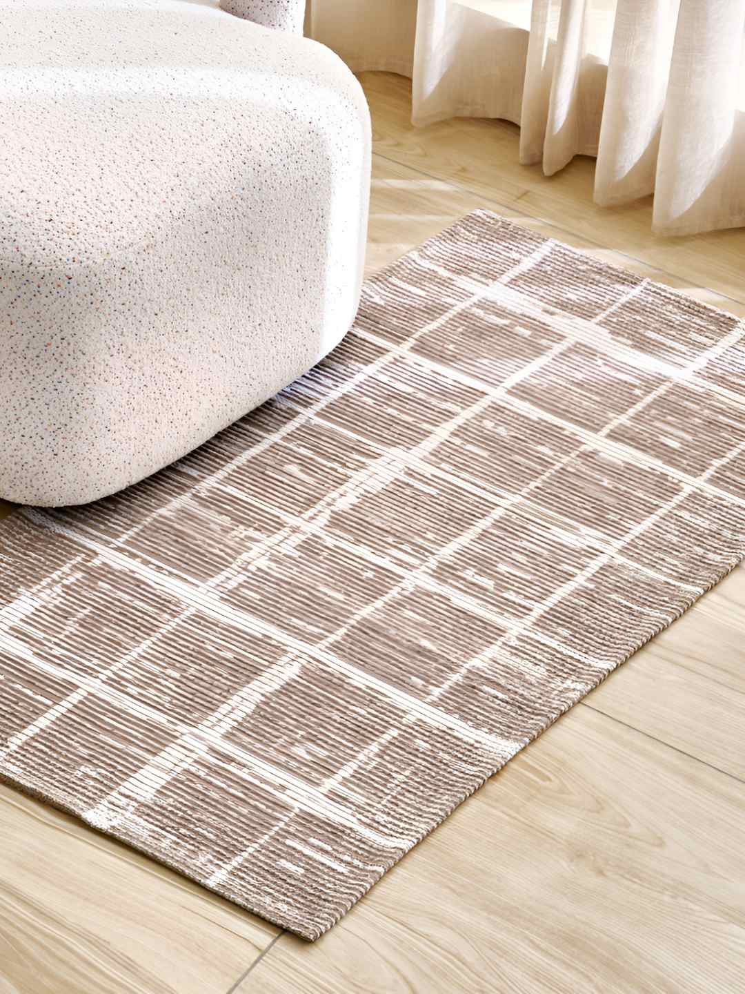 Home Centre Nicolas Rush Beige & White Abstract Printed Woven Rectangular Dhurrie
