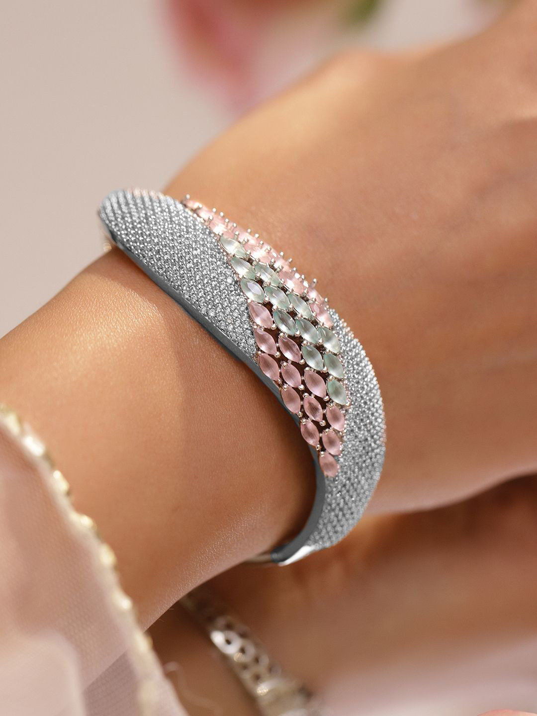 Rubans Rhodium-Plated Statement Bracelet with Pastel Pink & Green Stones, Cubic Zirconia Detailing