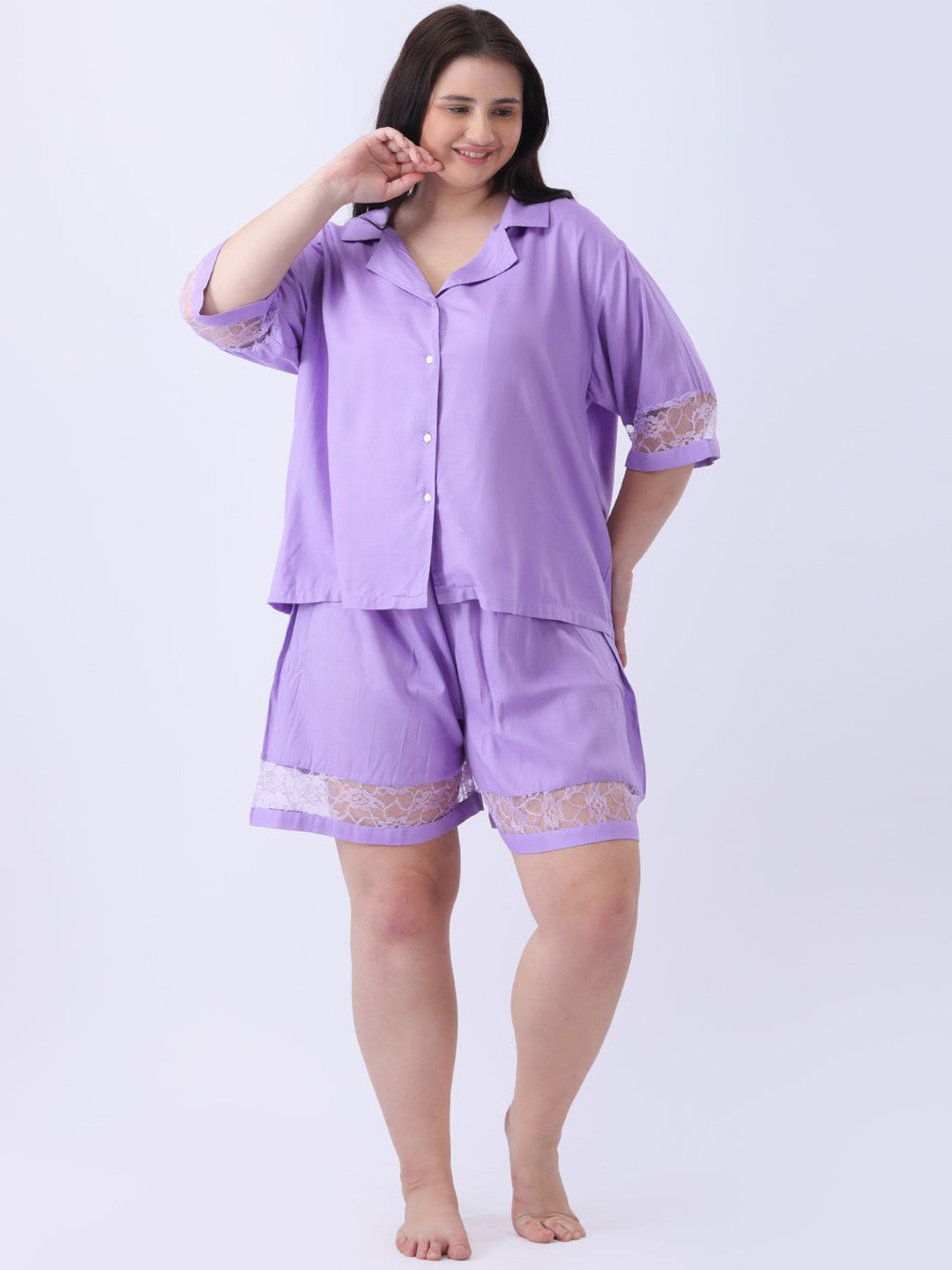 Qurvii Women Lace Trim Lapel Collar Shirt with Shorts Night Suit