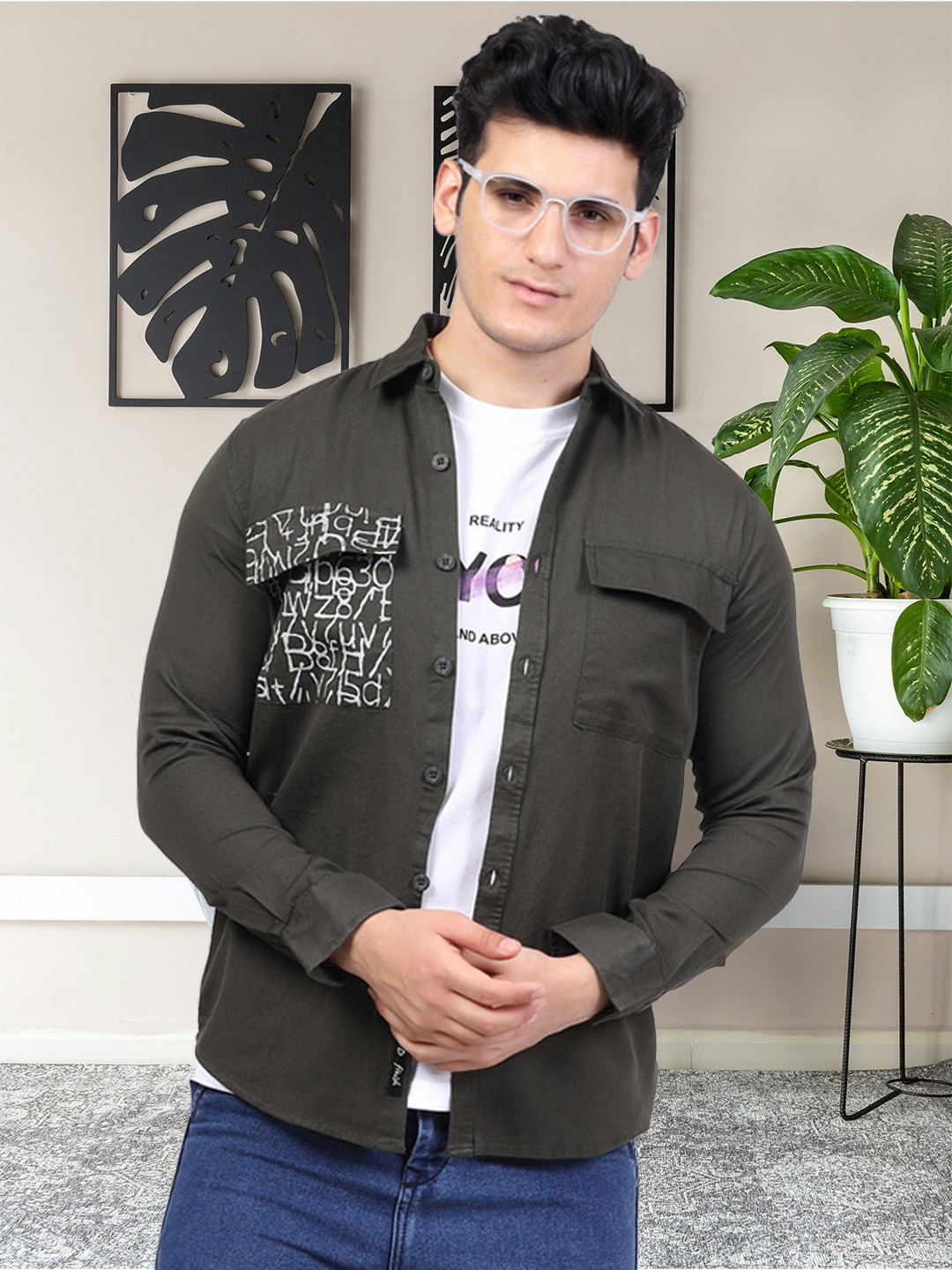D Finish Smart Typography Printed Spread Collar Cotton Casual Shirt
