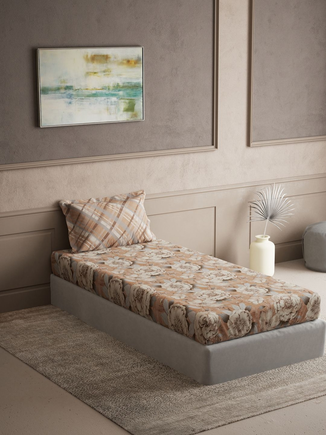 DDecor Cherish Brown & Beige Floral Pure Cotton 144 TC Single Bedsheet Set-1.52 m X 2.29 m