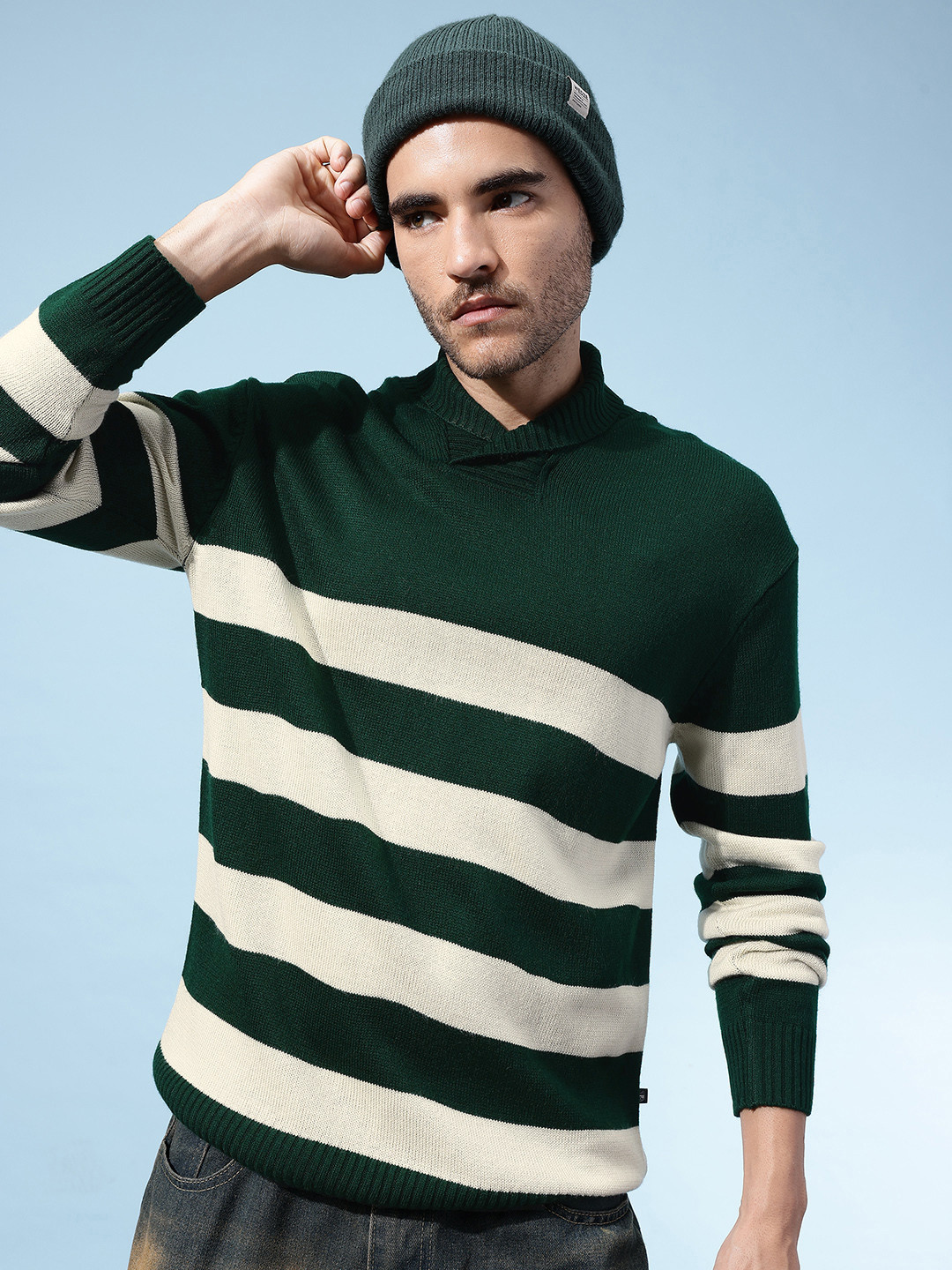 glitchez Horizontally Self-Striped Shawl Collar Acrylic Pullover