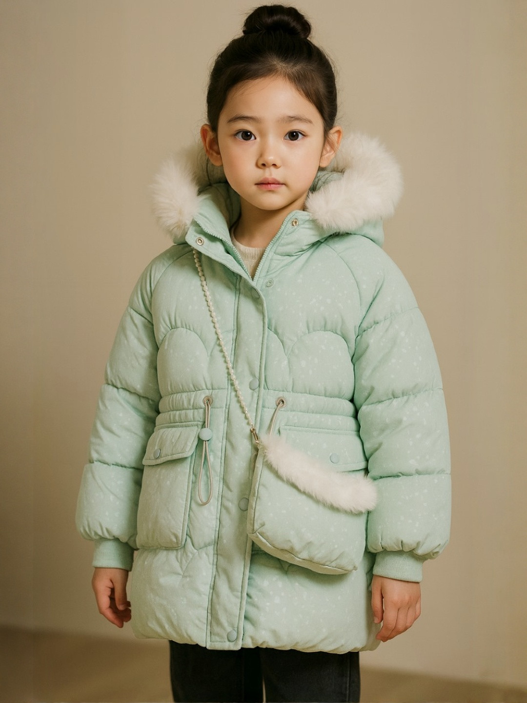 AIDAN PAUL Girls Blue Hooded Puffer Jacket with Faux Fur Trim