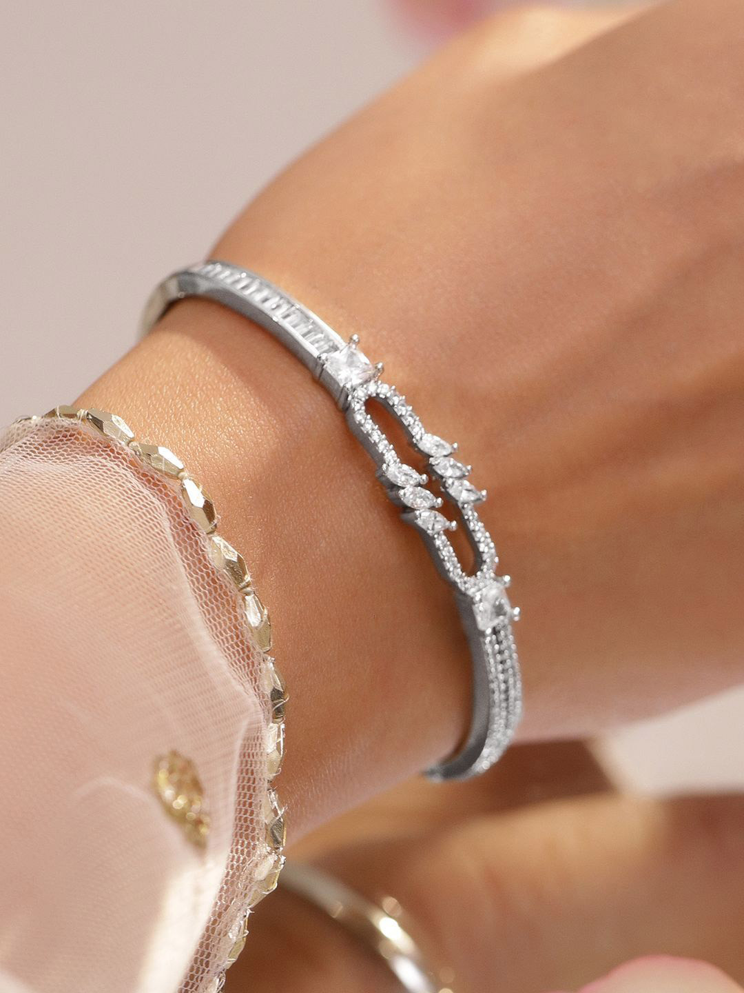 Rubans Rhodium-Plated Open-Link Bracelet with Marquise & Baguette Cubic Zirconia