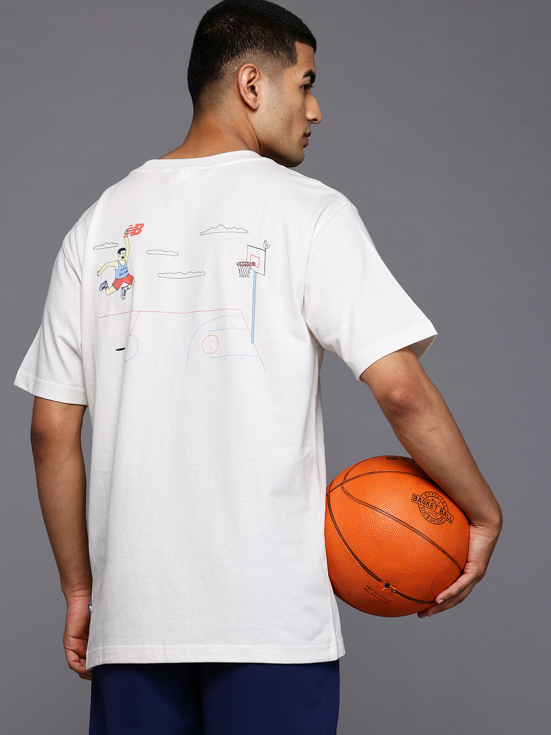 New Balance Humour & Comic Print Drop-Sleeves Cotton Relaxed Fit Athletics Hoops T-shirt