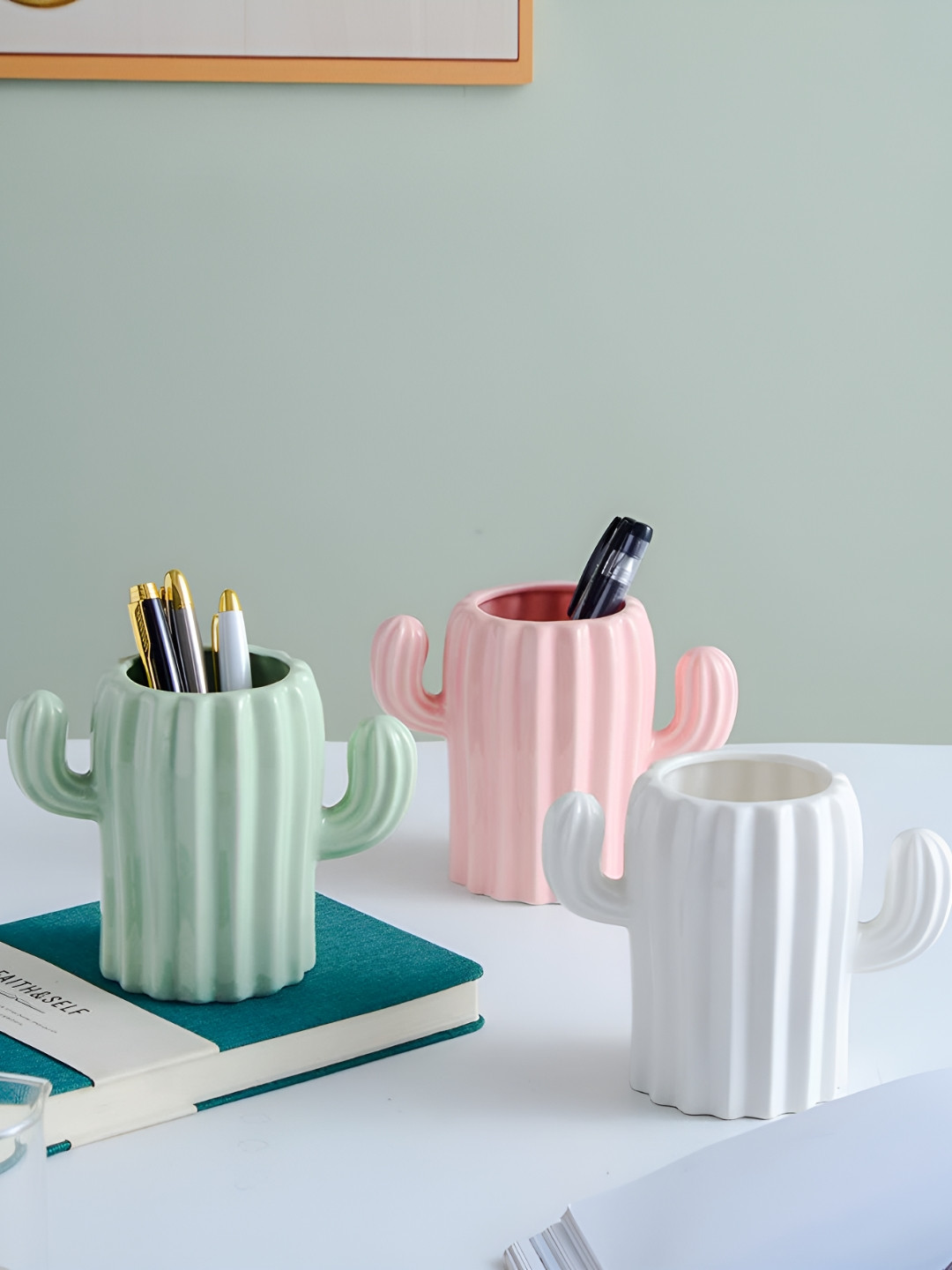 Ascension Pink & Gren 3 Pieces Textured Cactus Shaped Lightweight Flower Vases