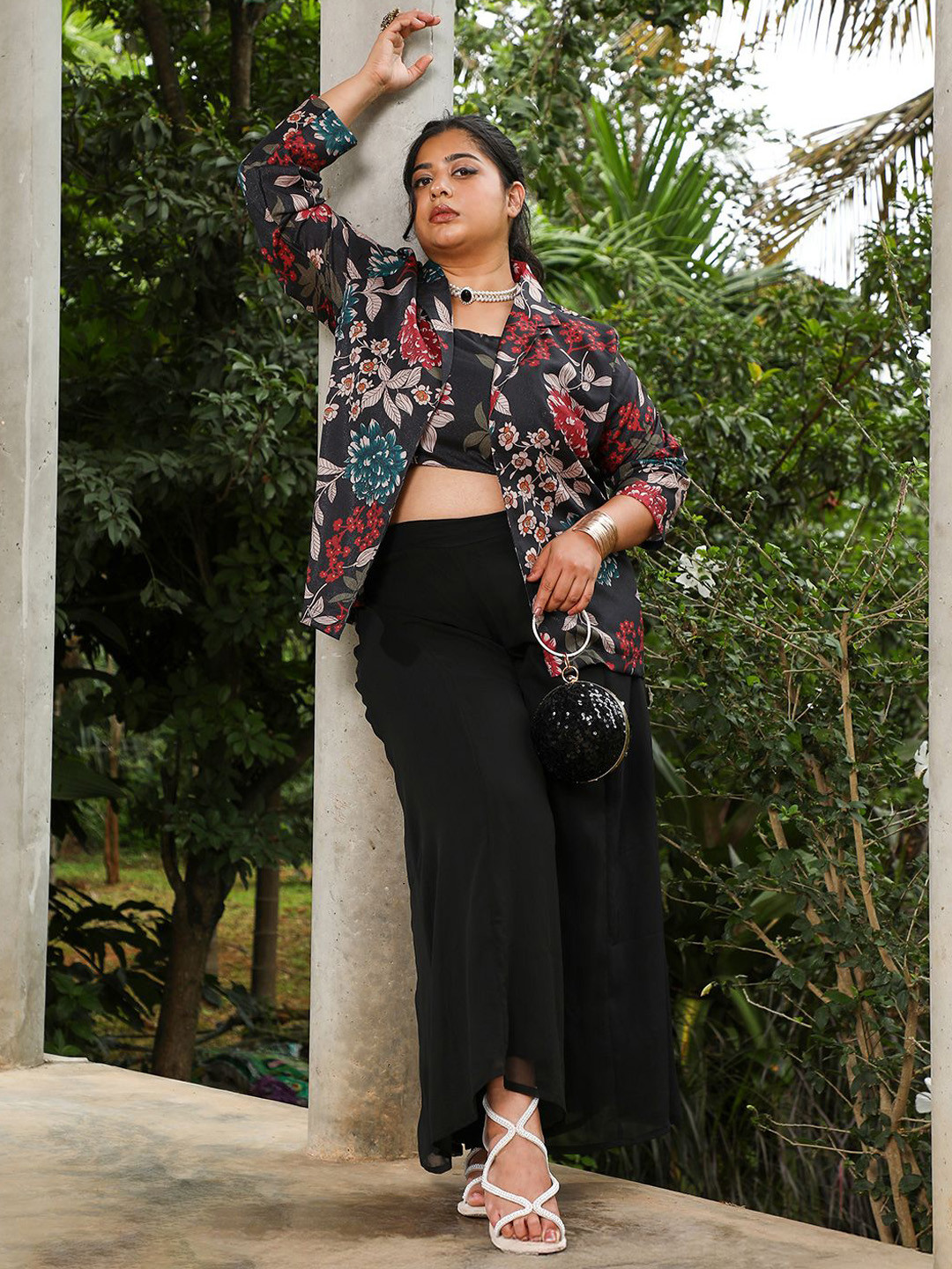 Instafab Plus Size Floral Printed Shoulder Strap Neck Top & Palazzo With Jacket