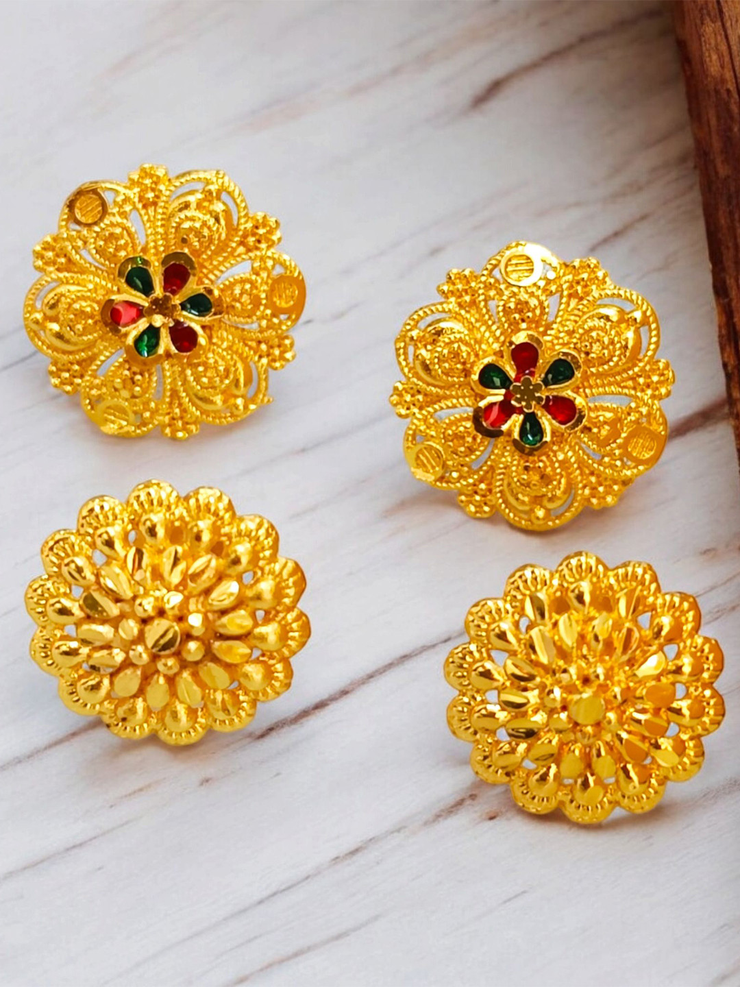 MA FASHION Set Of 2 Gold Plated Floral Shaped Studs