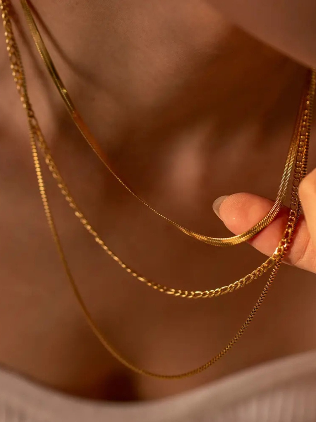 Dipitreats Women Gold-Plated Triple Layer Twisted Chain