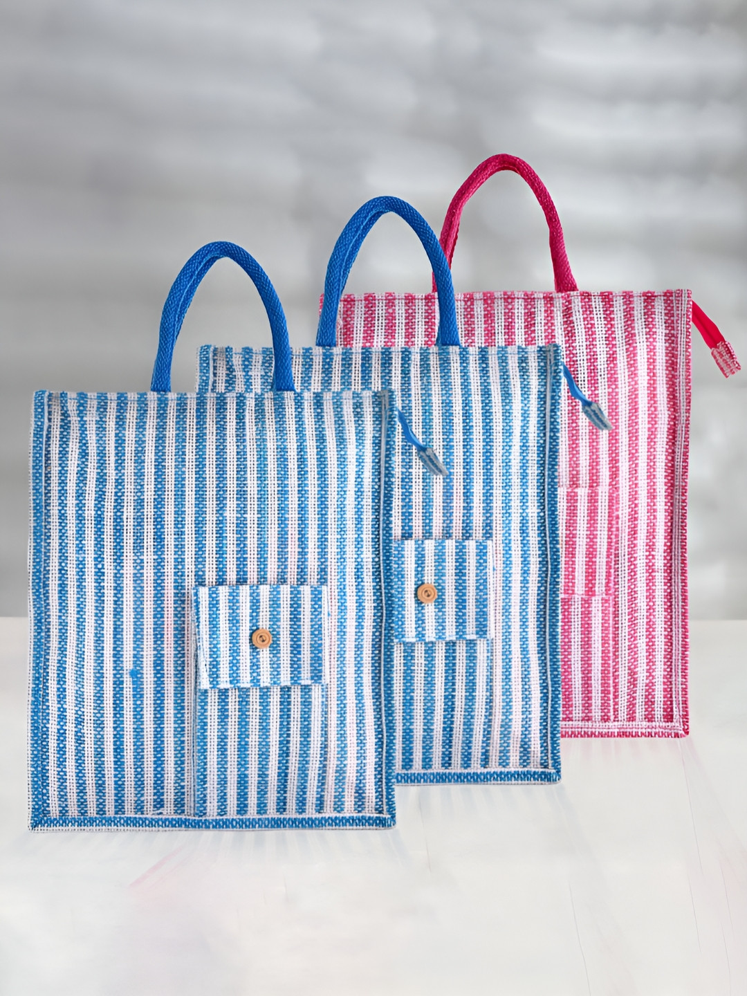 Aura Unisex Set Of 3 Striped Oversized Shoper Jute Tote Bags