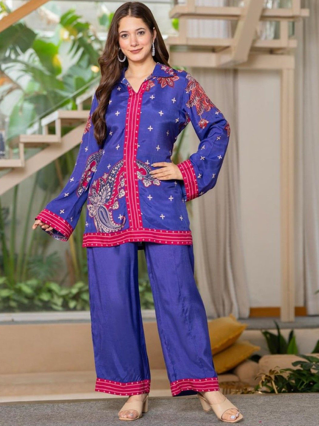 AUTUMN LANE Jayti Midnight Printed Shirt Collar Tunic With Trousers Co-Ords