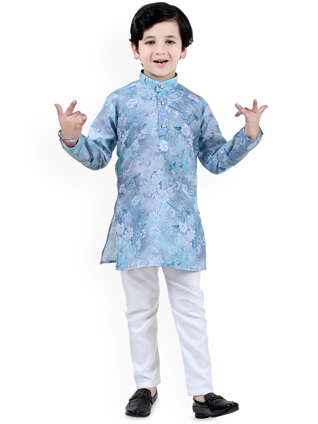 Kidotsav Boys Floral Printed Band Collar Straight Kurta with Pyjamas