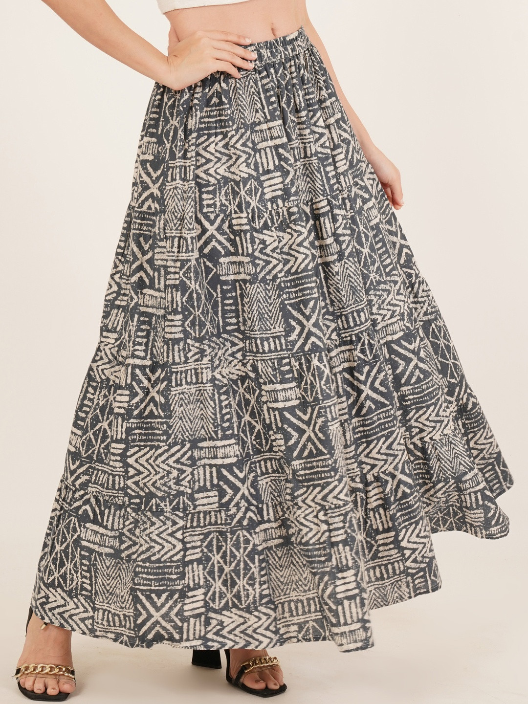 Diktmark Women Grey Pure Cotton Ethnic Printed Casual Slip-On Skirts
