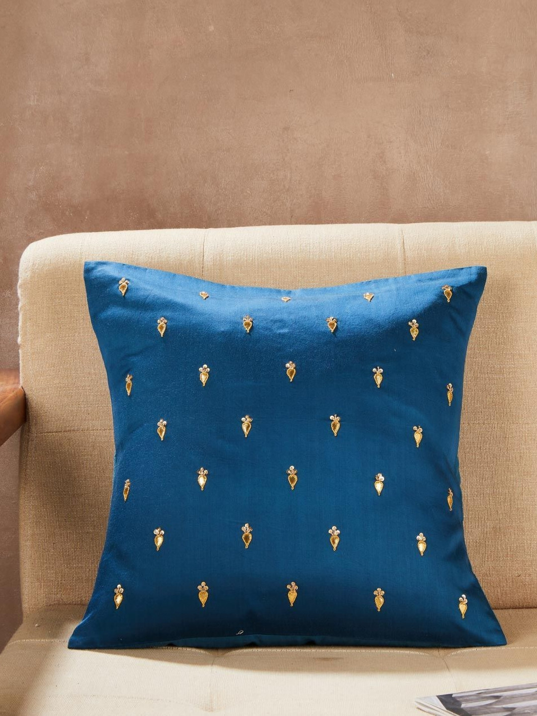 Fabindia Saira Teal & Gold Toned Embroidered Cotton Square Cushion Cover