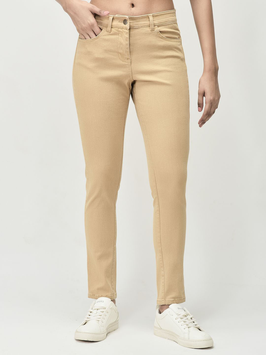 R.Code by The Roadster Life Co. Women Urban Slim Fit Mid-Rise Twill-Tan Chinos Trousers