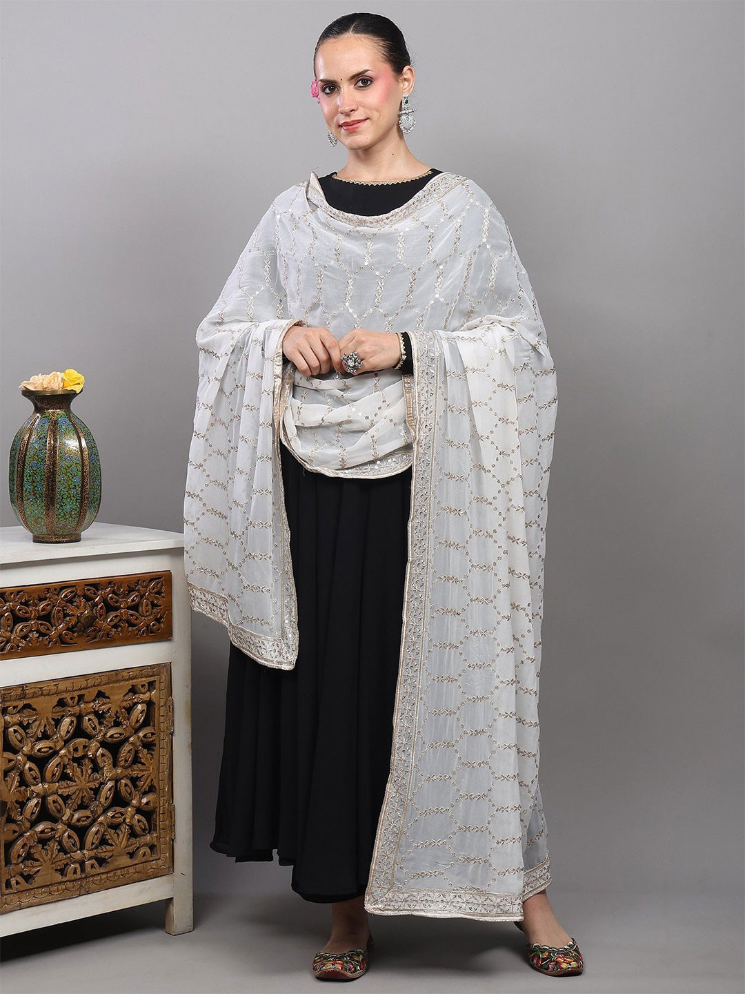 Exotic India Floral Embroidered Georgette Dupatta With Sequinned From Punjab