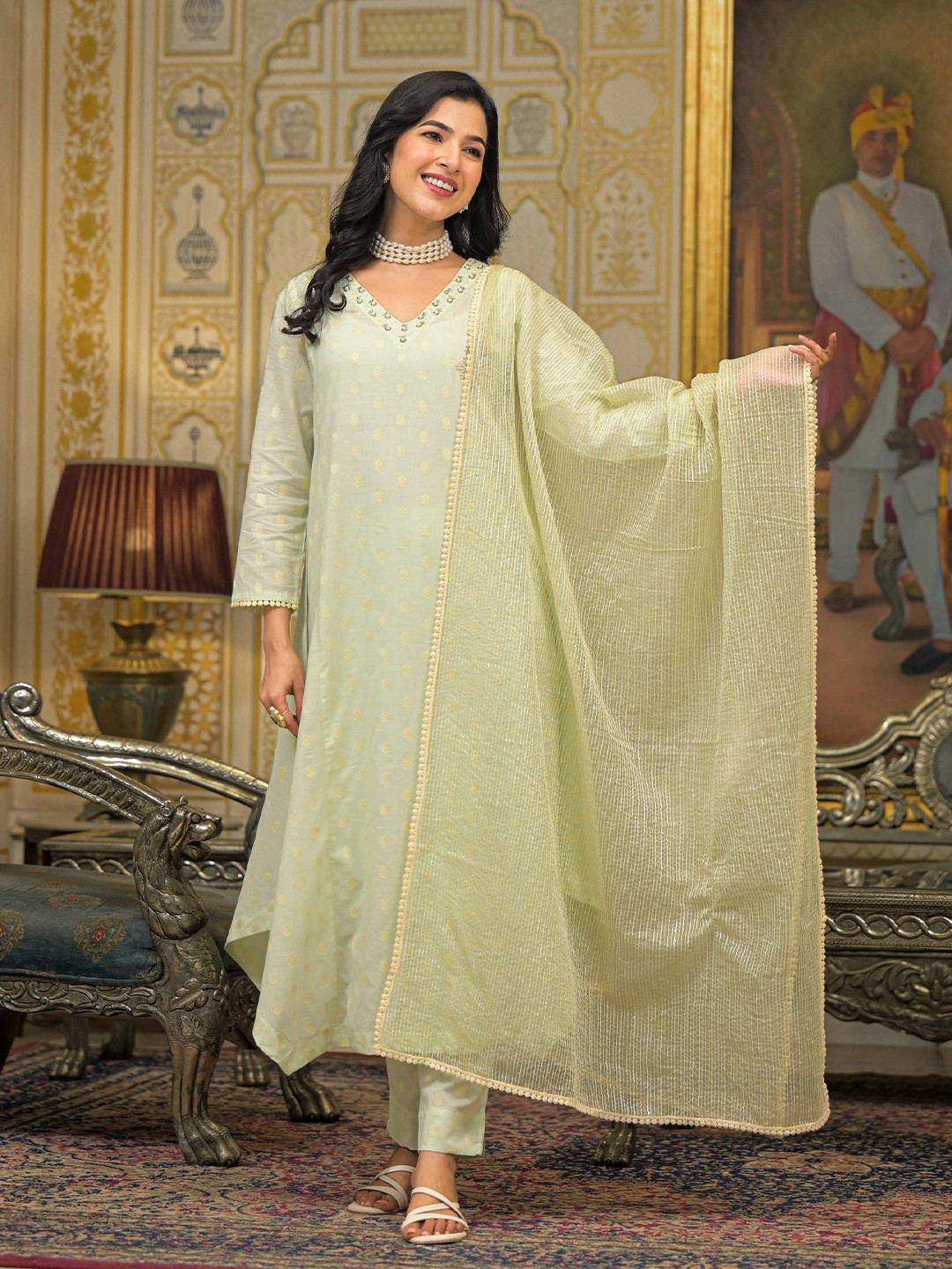 Aavanya Green Chandery Bead & Stone Work Round Neck Anarkali Kurta & Trouser With Dupatta