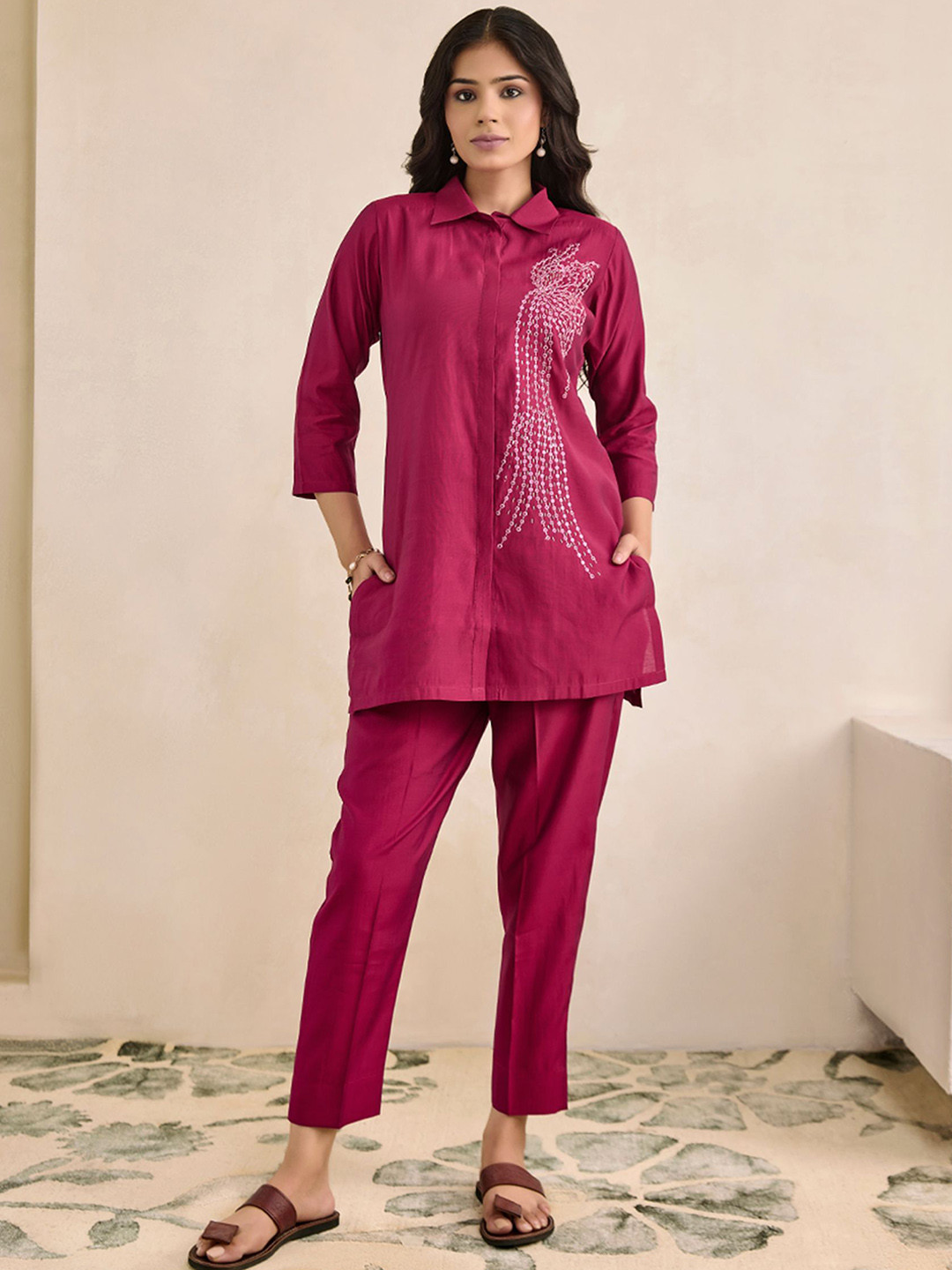WOMEN PLUS Moh Collection Plus Size Embroidered Shirt Collar Tunic With Trousers Co-Ords