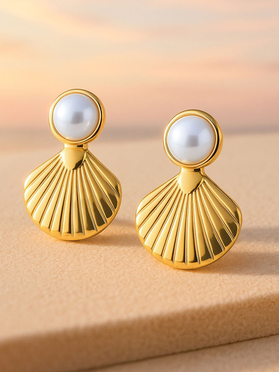 Rubans 18K Gold-Plated Stainless Steel Tarnish-Free Waterproof Pearl & Shell Drop Earrings
