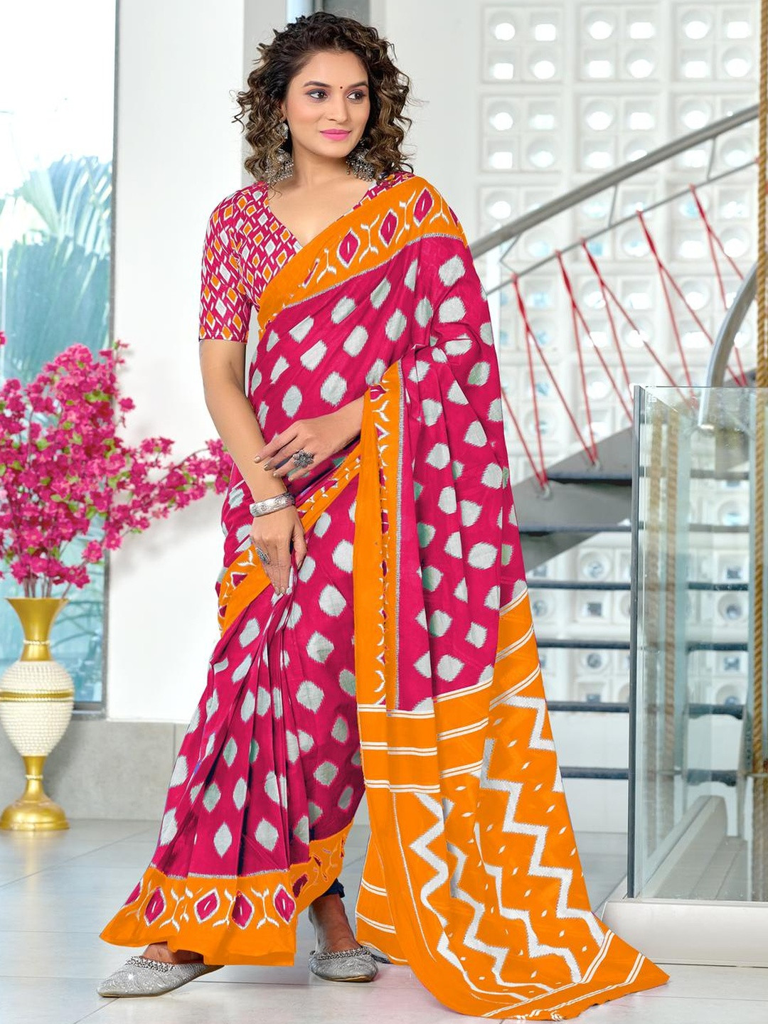 Suha Pink Pure Cotton Printed Block Print Sarees