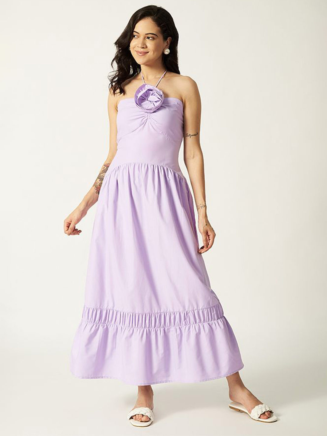 House of Sal Lilac Women Halter Neck Smocked Corsage Cotton Maxi Dress