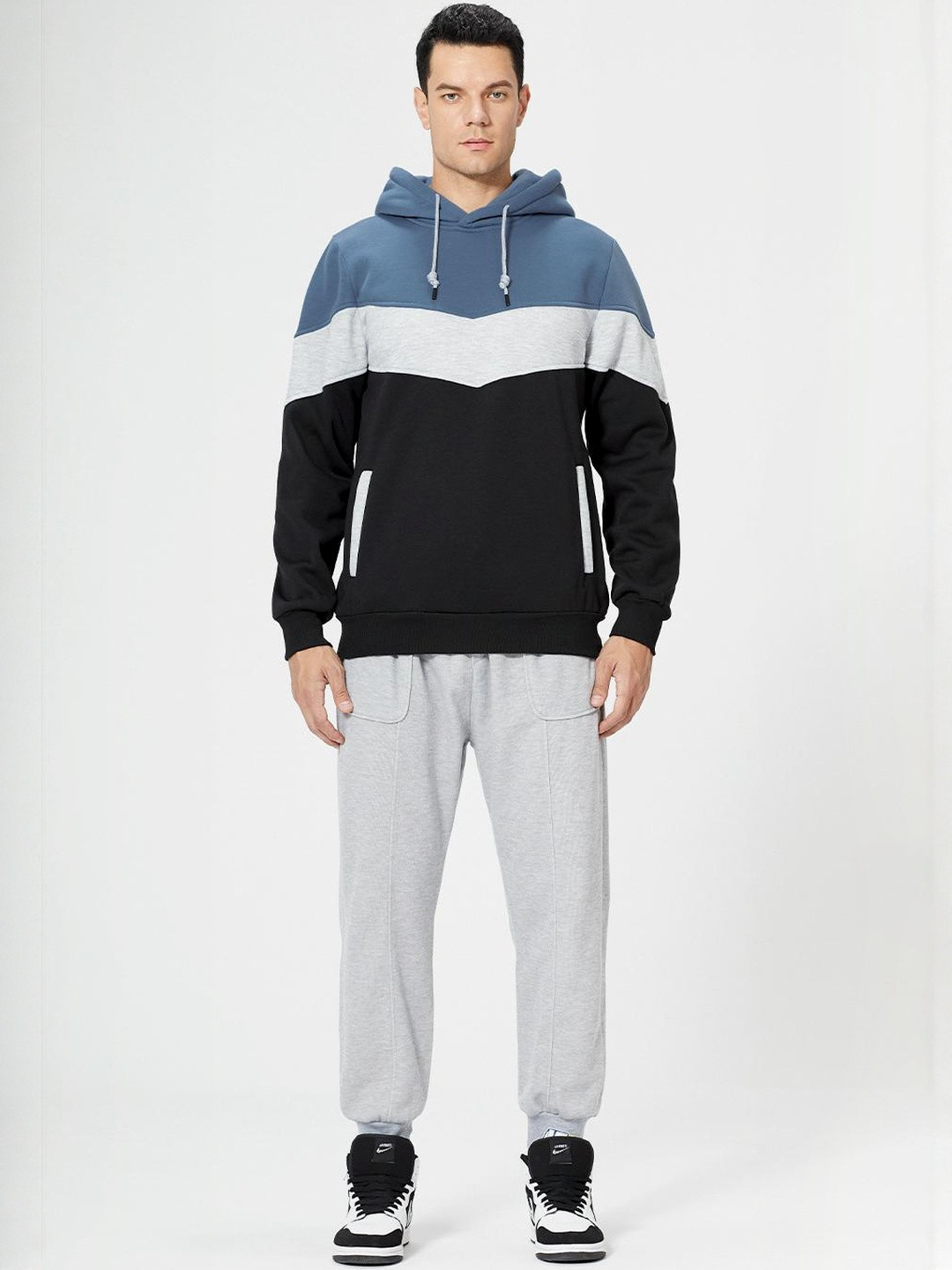 HERE&NOW Men Black Grey & Blue Polyester Color Block Hoodie Sweatshirt