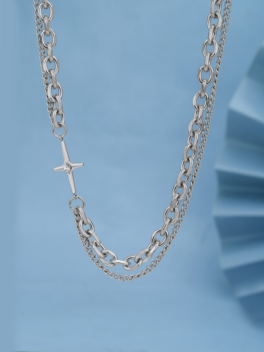 Silver Plated Stainless Steel CZ Double Chain Necklace