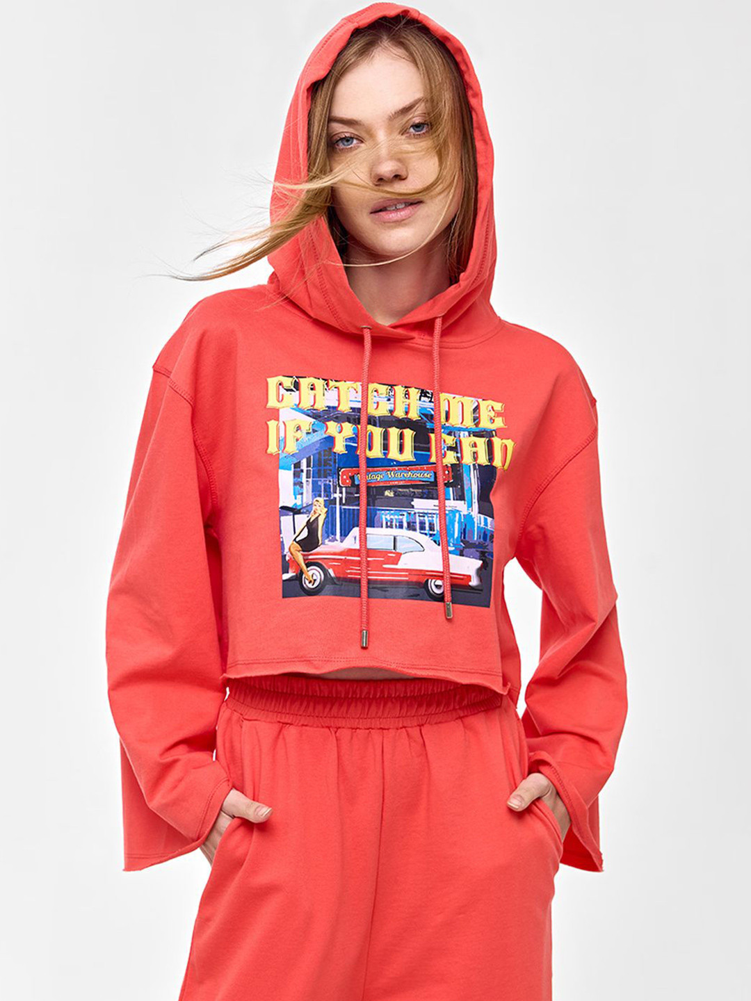COVER STORY Women Graphic Printed Hooded Crop Sweatshirt