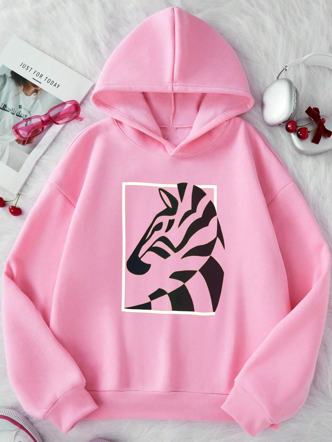 ARYA Unisex Kids Pink Printed Hooded Long Sleeves Pullover Sweatshirt