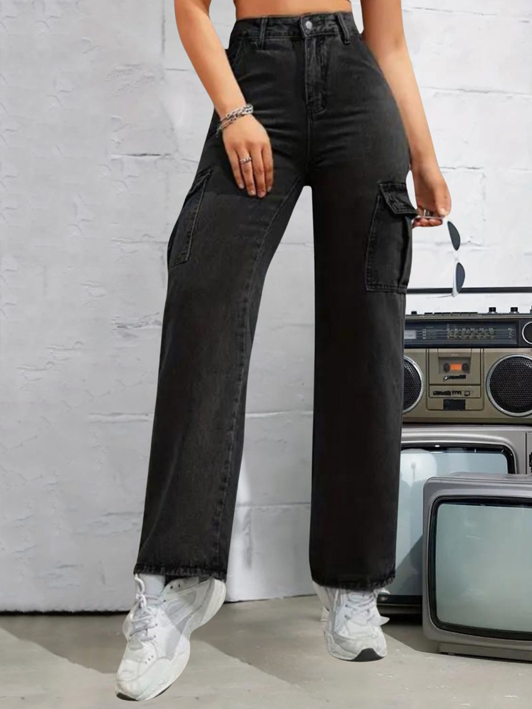 Crazeis Women Comfort High Rise Straight Fit Stretchable Cargo Jeans