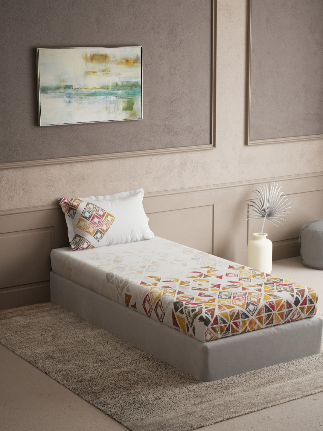 DDecor Radiance White Geometric Pure Cotton 144 TC Single Bedsheet Set-1.52 m X 2.24 m