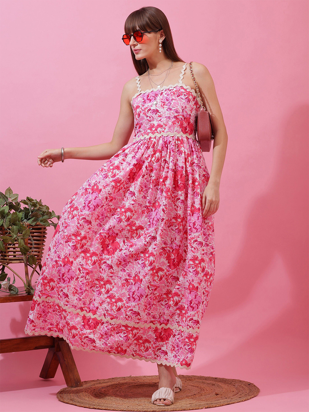 Honky Tonky Floral Printed Shoulder Straps Cotton Fit & Flare Maxi Dress
