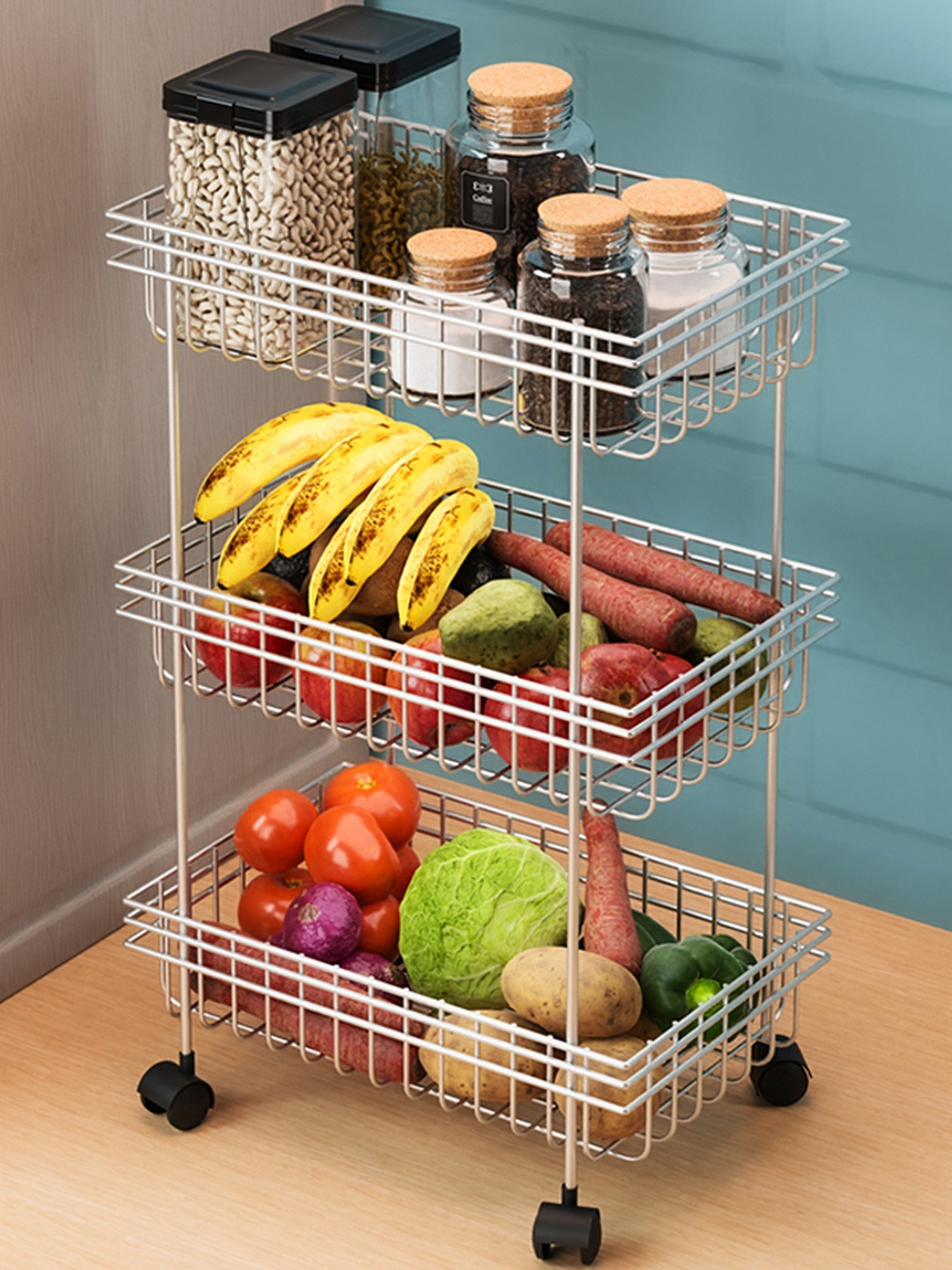Myntra Elegant Homes Metal 3-Layer Multipurpose Fruits & Vegetable Stand With Wheels