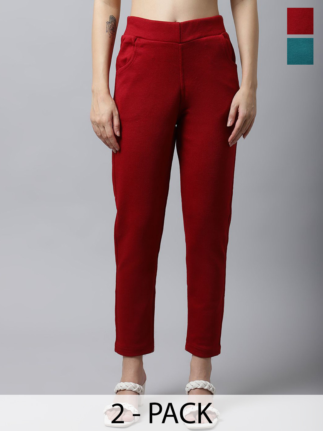 Valles365 by S.C. Women Pack Of 2 Mid-Rise Cropped Woolen Trousers