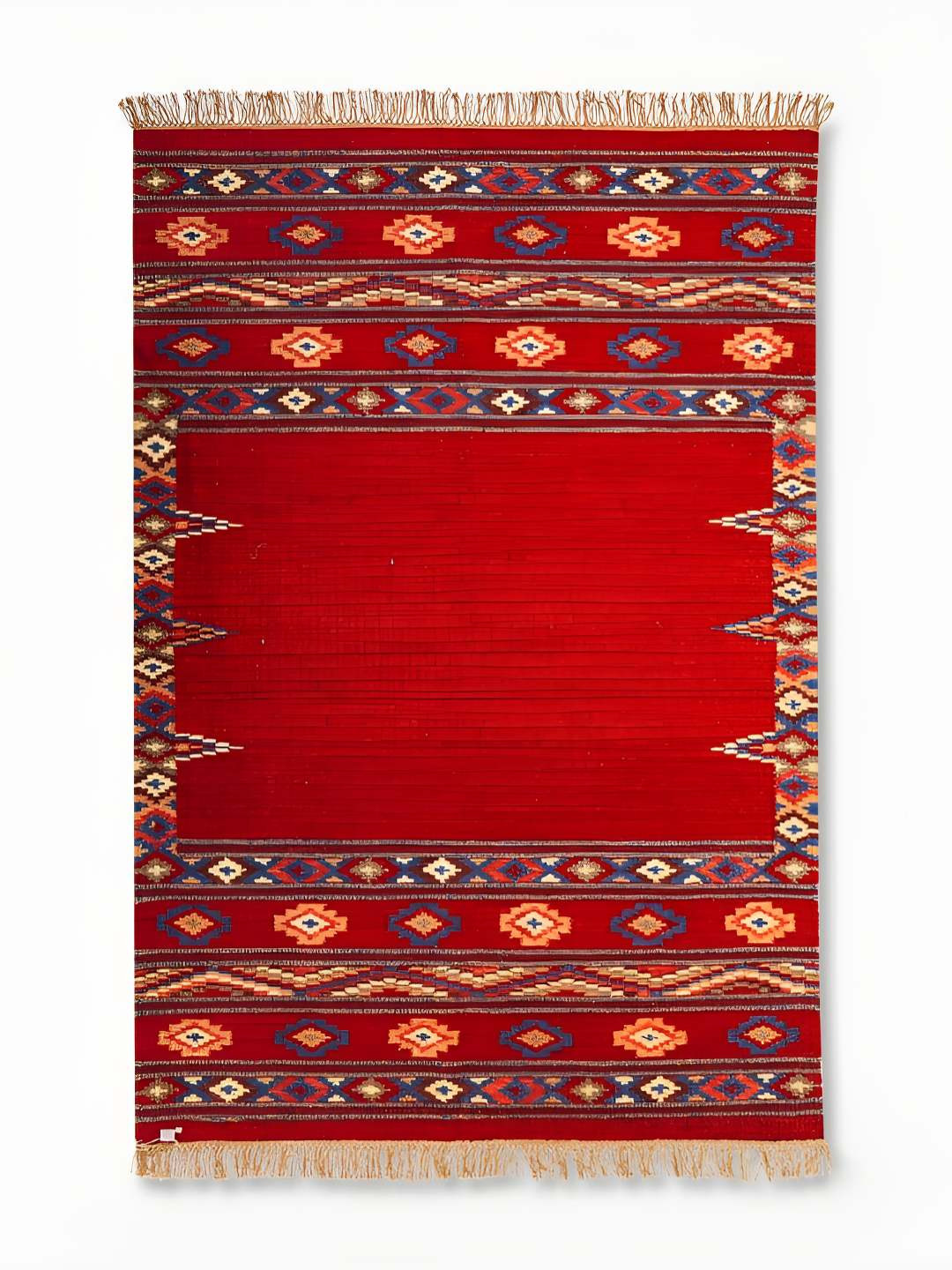 Fabindia Red & Blue Printed Woollen Frienged Dhurrie