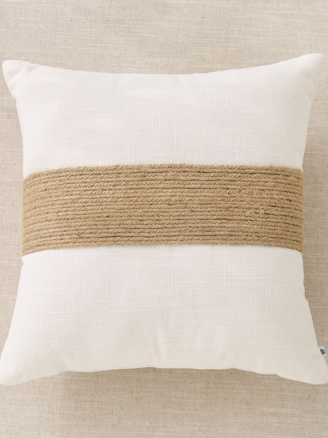 Home Centre Jute Haze Cord White Embroidered Cotton Square-Shaped Pre-Filled Cushion
